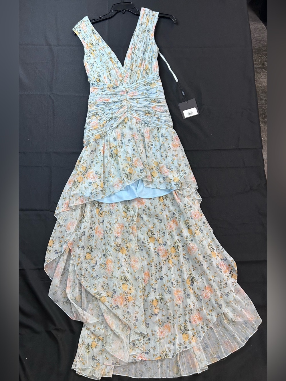 Mac Duggal 55826 NWT Blue Floral High Low Ruffle Dress - Picture 4 of 7